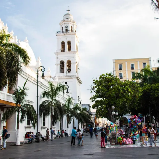 A palm-lined plaza in front of the white cathedral bell tower in Veracruz, Mexico